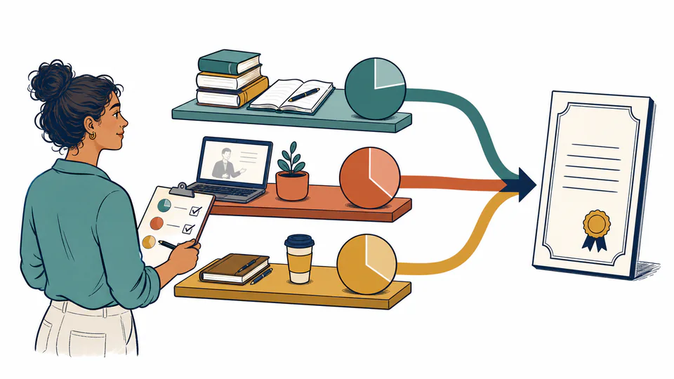 Three certification study modules feed a final readiness target while their weighted contributions stay separate.