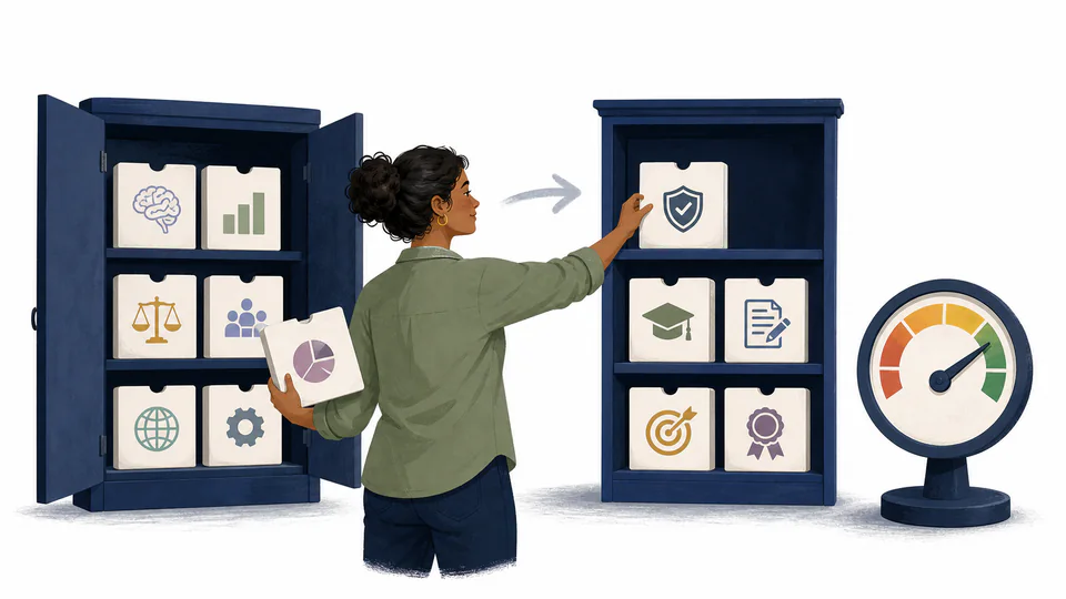A learner moves certification topic cards into a completed shelf while a separate practice-score marker remains visible.