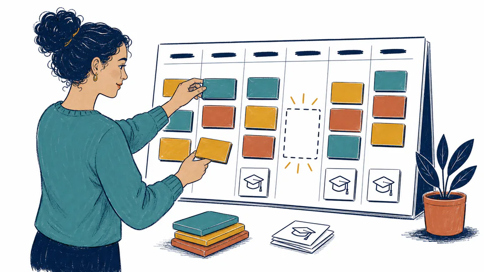 A learner arranges certification topic blocks and practice exam cards across a weekly calendar with a protected buffer.