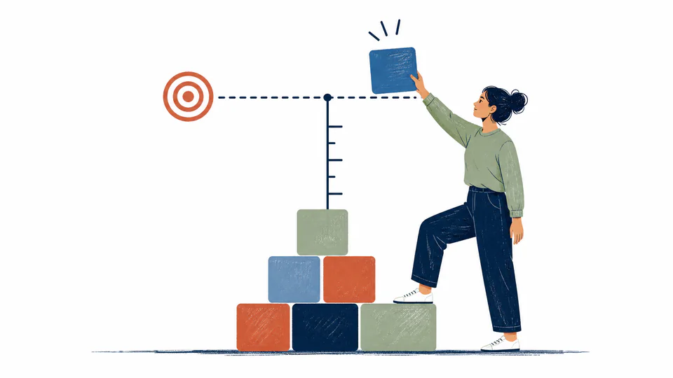 A learner raises a remaining score tile toward a target line while completed study work stays grounded below.