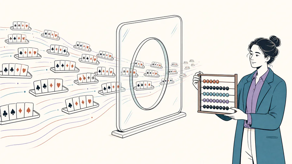 Editorial illustration of many small card hands passing through a transparent counting window while one exact combination ledger sits beside the random stream
