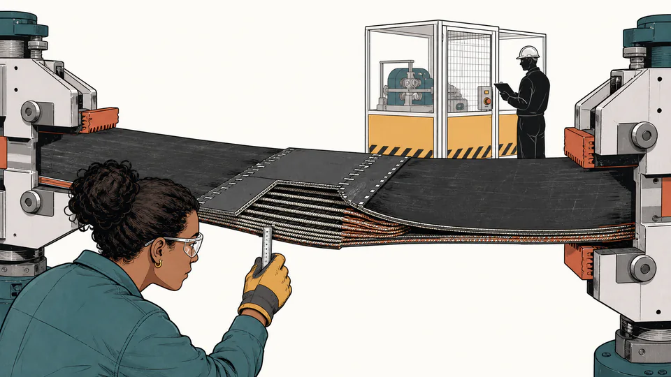 Editorial cutaway of a conveyor belt splice being pulled between two test grips while an engineer checks a retained-strength tag and a separate guarding checklist stays closed