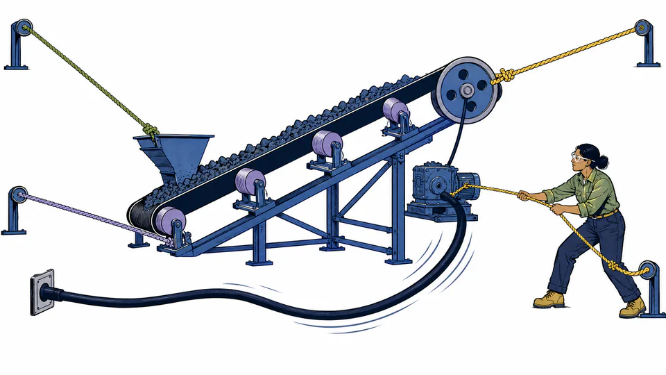 Editorial scene of four technicians adjusting separate conveyor conditions while one power cable flexes most strongly under the dominant assumption