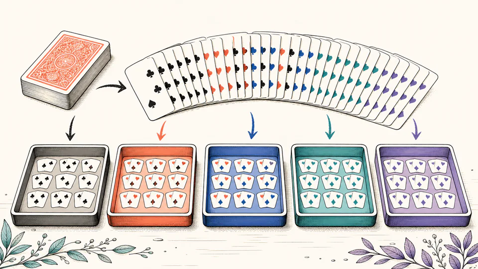 Editorial card fan opening into a sequence of distinct outcome drawers, each drawer holding a different count of highlighted cards and together forming a complete cabinet