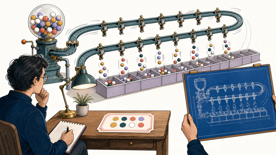 Editorial illustration of many repeated lottery draws flowing past an observer into outcome compartments