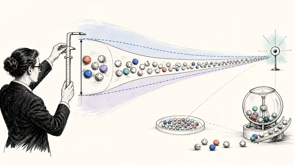 Editorial illustration of repeated lottery capsules forming an uncertainty band around an observed win-rate marker
