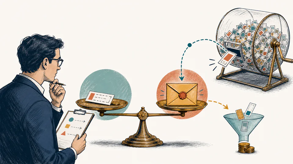 Editorial illustration of a lottery ticket crossing a balance between certain ticket cost and a rare prize envelope