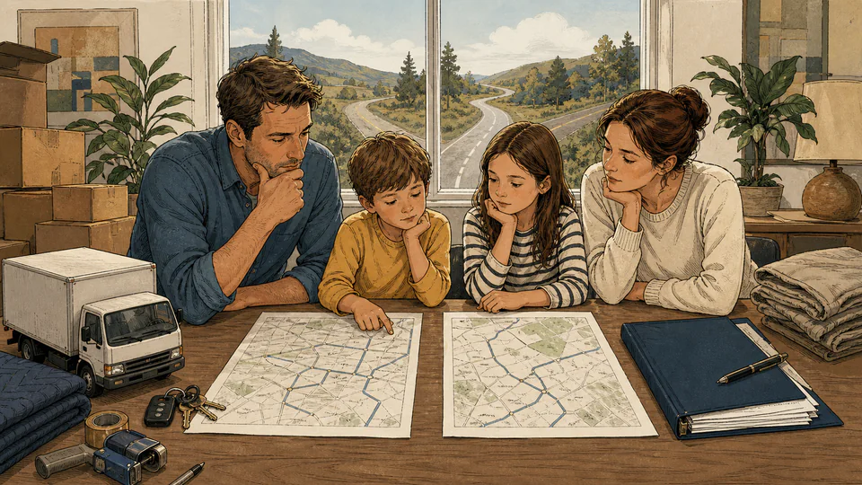 A family studies two route plans beside a rental truck key and a professional mover contract