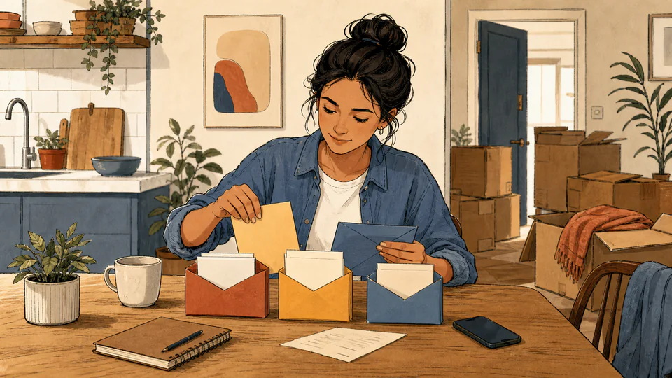 A renter at a kitchen table organizing a move fund into labeled envelopes while packed boxes wait by the door