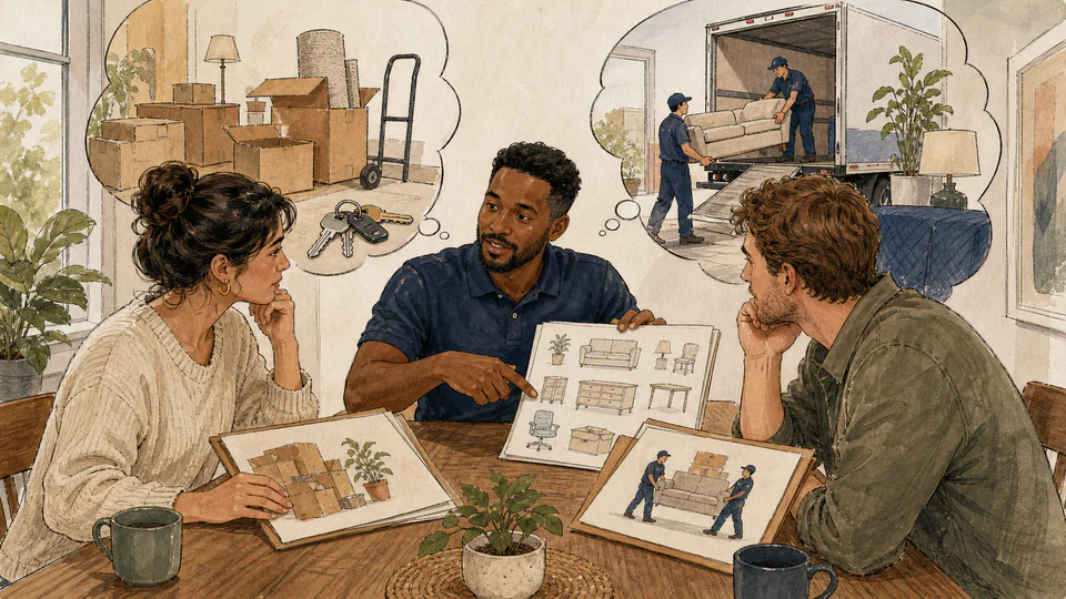 Two partners at a dining table comparing two relocation folders while a moving professional points to a written inventory