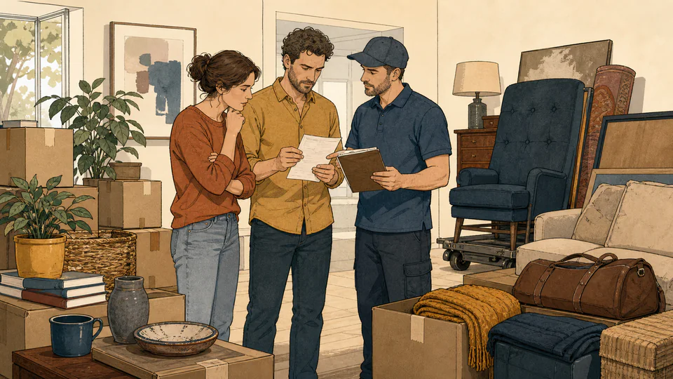 A household and mover review a scale ticket and written estimate beside carefully selected belongings