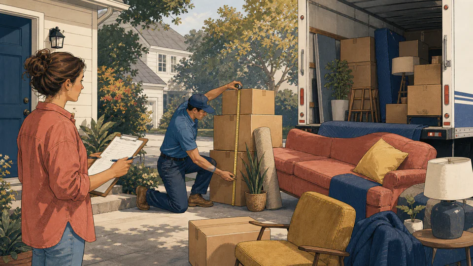 A mover measures stacked boxes and furniture beside an open rental truck while a homeowner checks an inventory clipboard