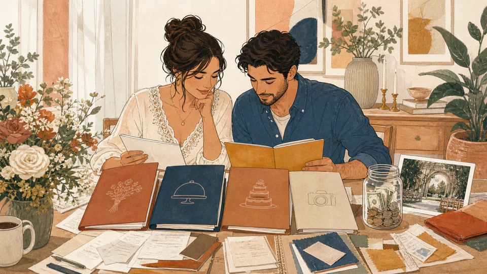 An engaged couple reviews vendor folders and a handwritten wedding budget at a bright dining table