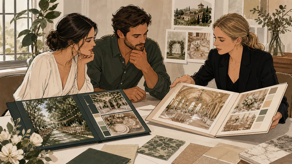 An engaged couple compares two detailed venue proposals with a wedding planner at a studio table