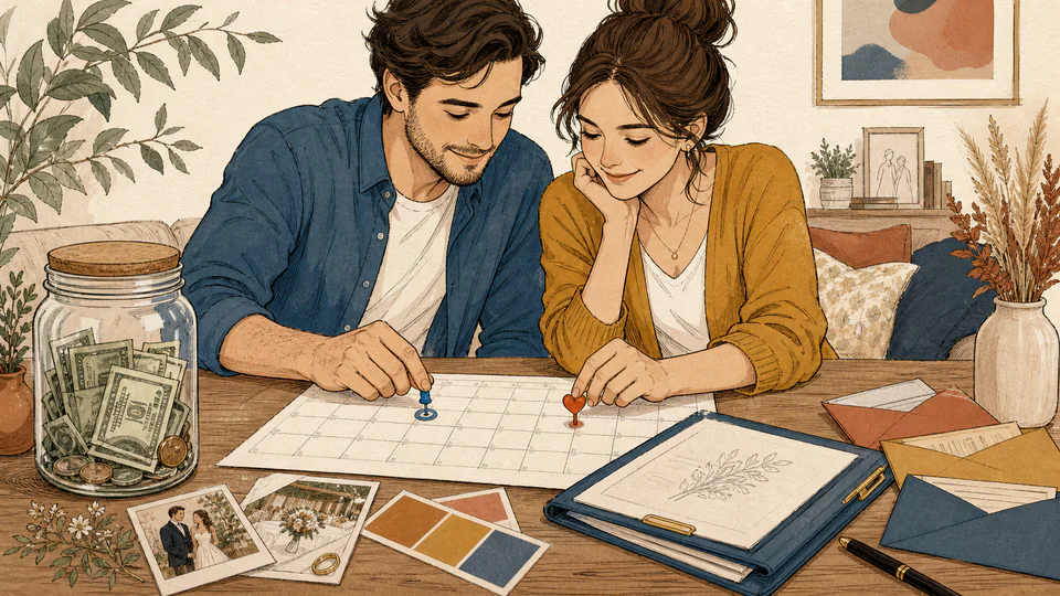 An engaged couple marks a vendor deposit and wedding date on a wall calendar beside a savings jar and contract folder