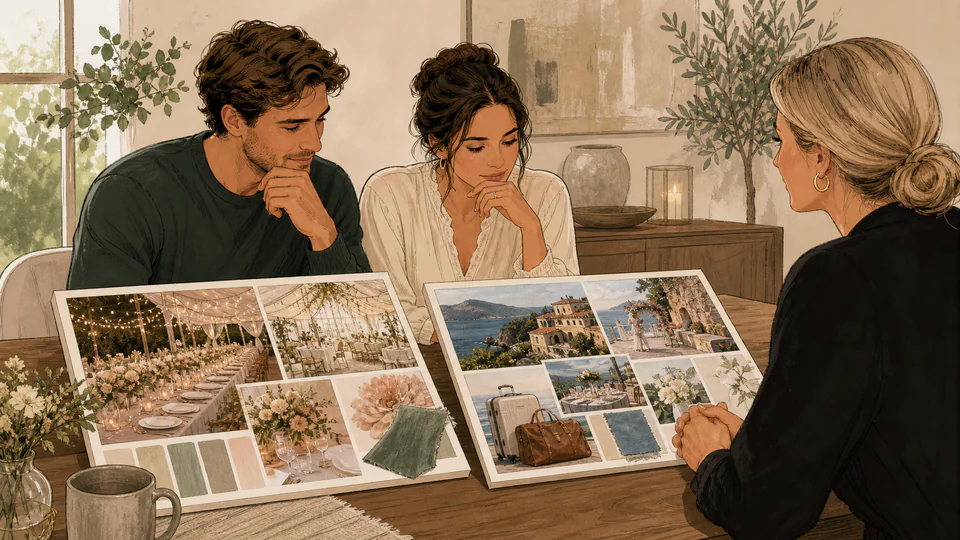 An engaged couple weighs two distinct wedding mood boards, one large local celebration and one smaller destination gathering