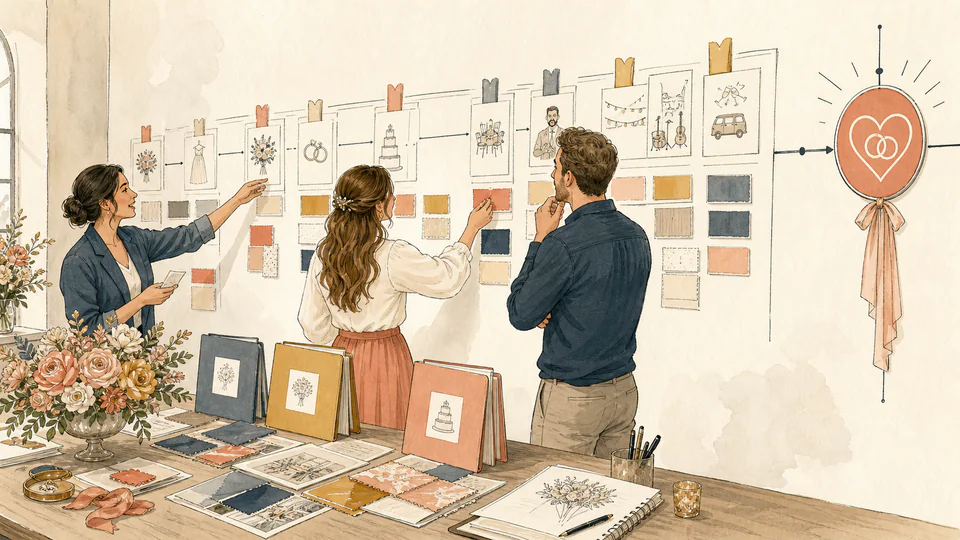 A wedding planner and couple arrange parallel task cards on a long calendar wall with a clearly marked event date