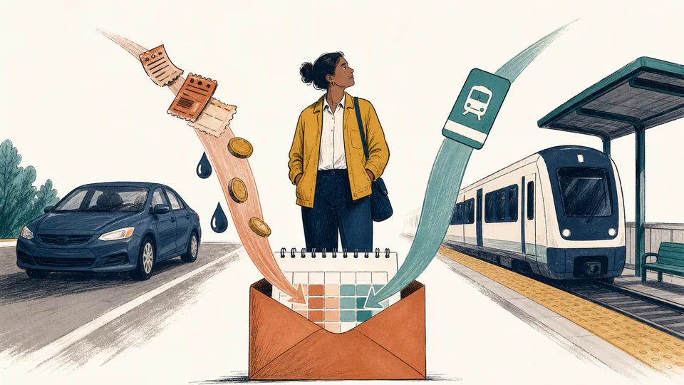 Editorial illustration of a worker splitting a weekly calendar between a small car lane and train platform while parking tickets, toll coins, and a transit pass feed one household envelope