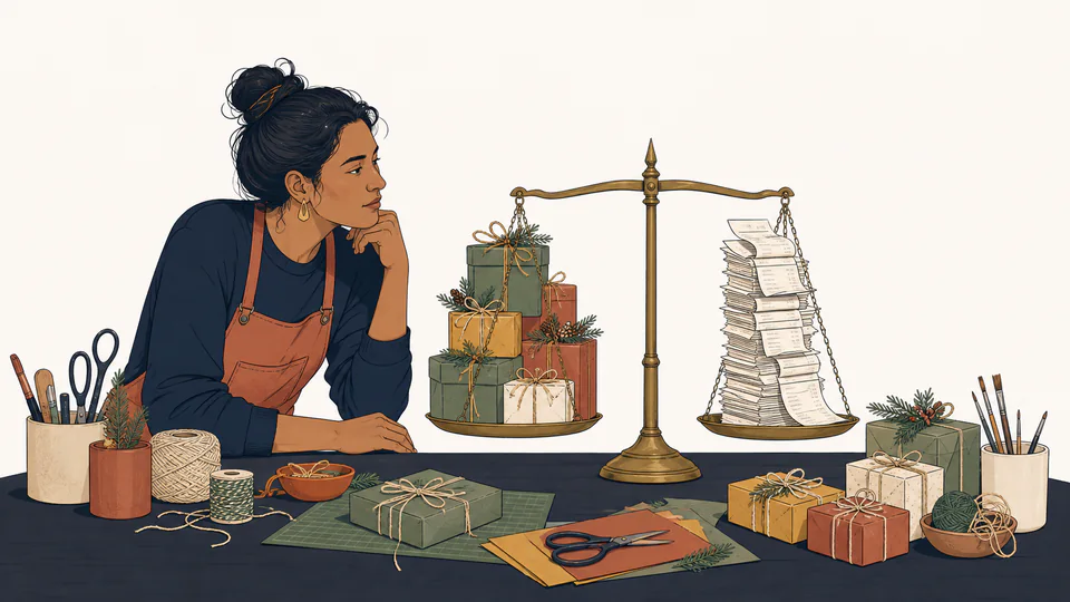 Editorial scene of a long craft table where identical wrapped gifts gradually balance a tall stack of shop receipts on a brass scale