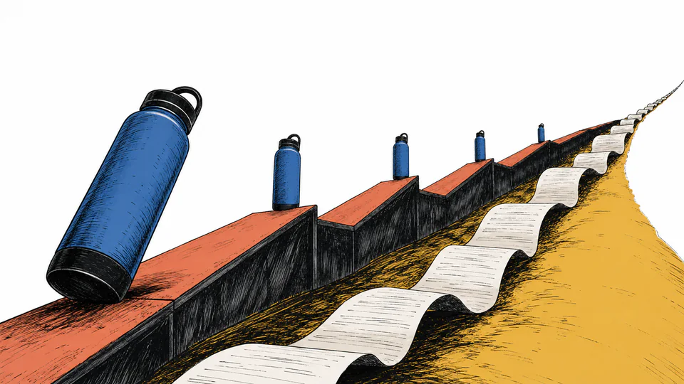 Editorial illustration of a reusable bottle climbing a sawtooth staircase of replacement landings while a disposable receipt rises smoothly beside it