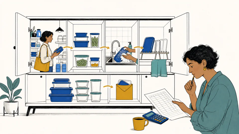 Editorial cutaway of a household cabinet with reusable items moving through purchase, use, wash, dry, storage, and replacement envelopes