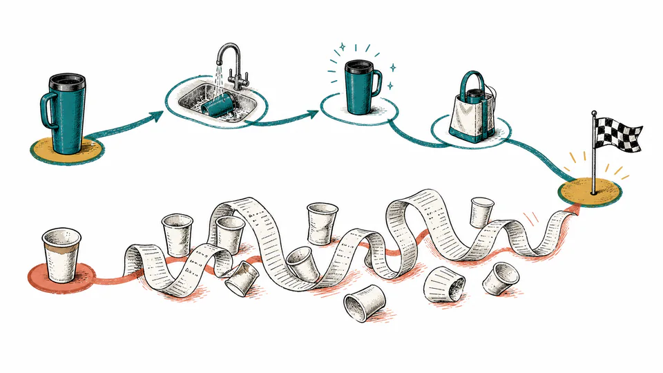 Editorial illustration of one durable vessel traveling around a wash loop while a long receipt roll of disposable cups advances beside it