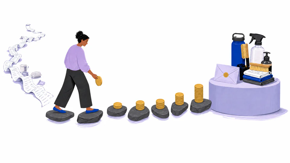 Editorial illustration of coins crossing monthly stepping stones toward a durable household kit while a sealed rebate envelope joins only at the last step