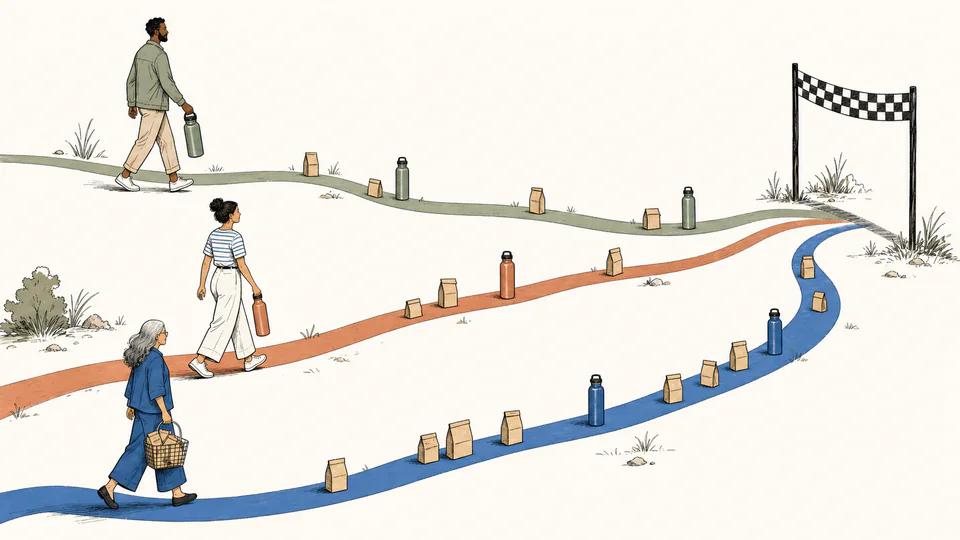 Editorial illustration of three household paths crossing a field, each carrying a different mix of durable vessels and paper packages toward the same finish line