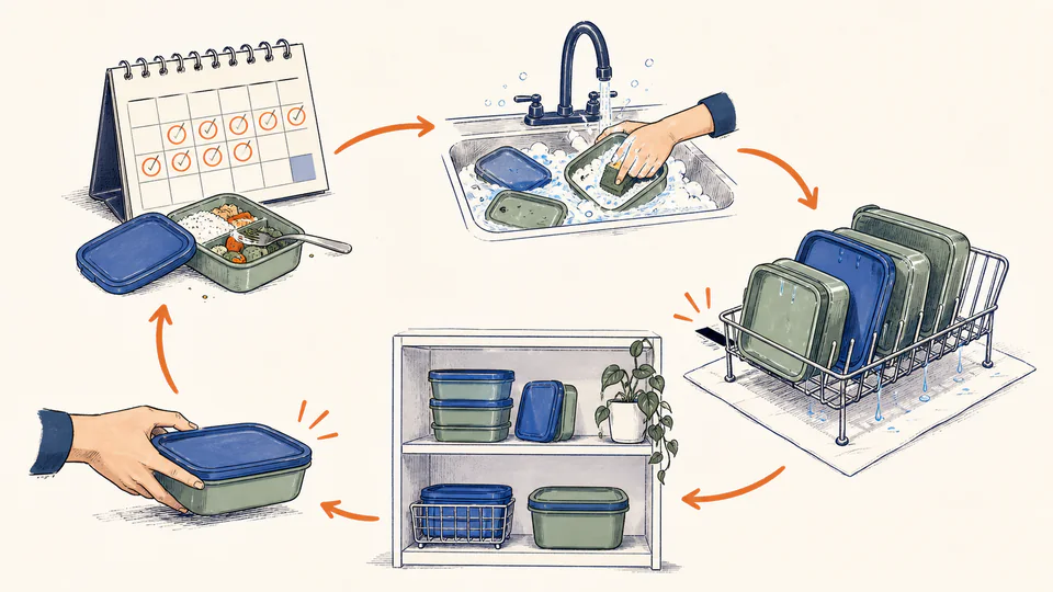 Editorial illustration of reusable lunch containers moving between a weekday calendar, wash basin, drying rack, and clean reserve shelf