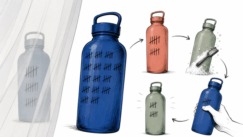 Editorial illustration of five durable bottles with tally marks, one fading behind a loss curtain while the others circle through use and wash