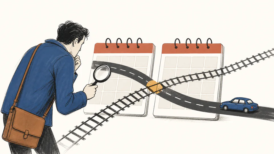 Editorial illustration of a car lane and rail track crossing at one numbered monthly calendar tile