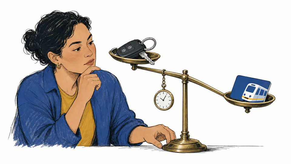 Editorial illustration of one commuter weighing a car key against a transit card while a separate clock hangs from the balance