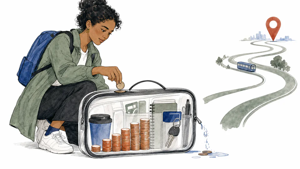 Editorial illustration of a commuter filling a transparent travel kit with labeled coins while a route deadline approaches