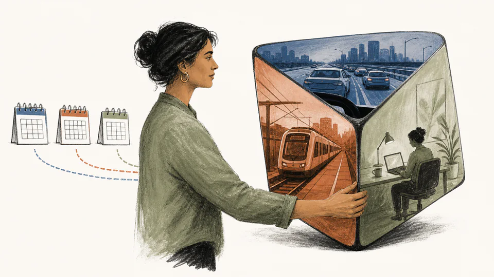 Editorial illustration of a commuter turning a three-sided route prism showing car, train, and home-work paths