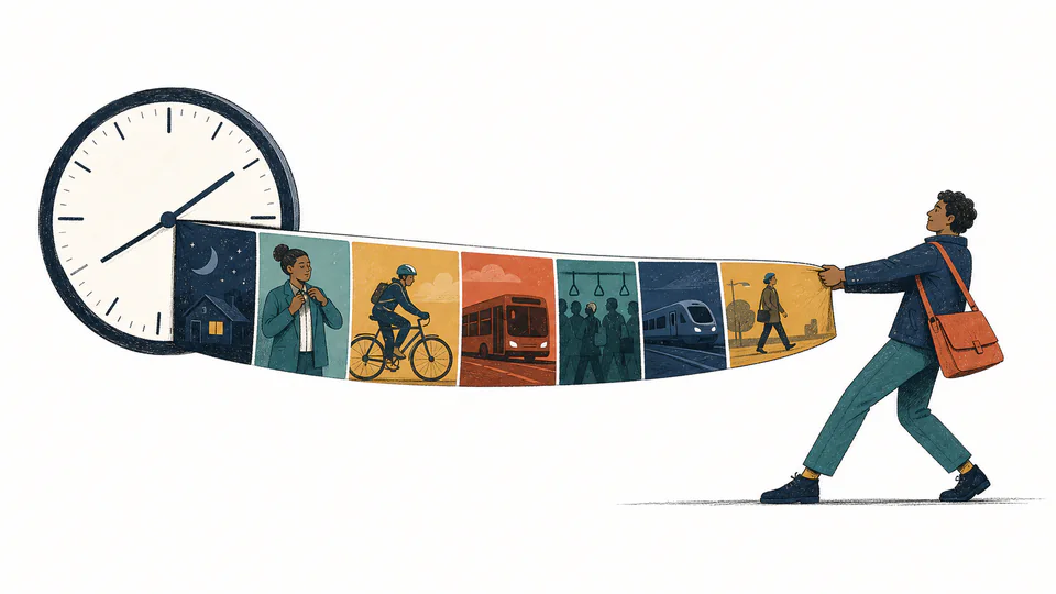 Editorial illustration of a commuter pulling a ribbon of travel blocks backward from a fixed office clock