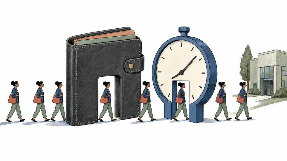 Editorial illustration of a commuter passing route tokens through two narrow gates marked by a wallet and a clock