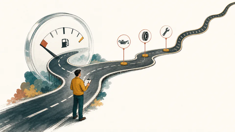 Editorial illustration of a car route winding through a transparent fuel gauge and then across maintenance tick marks