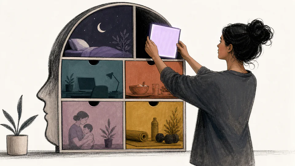 Editorial illustration of a person fitting a glowing screen tile into a day-shaped cabinet after sleep, work, meals, care, and movement drawers are closed