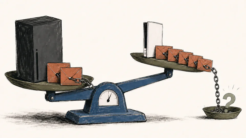 Editorial illustration of two media consoles on a checkout scale, each trailing a different chain of subscription envelopes