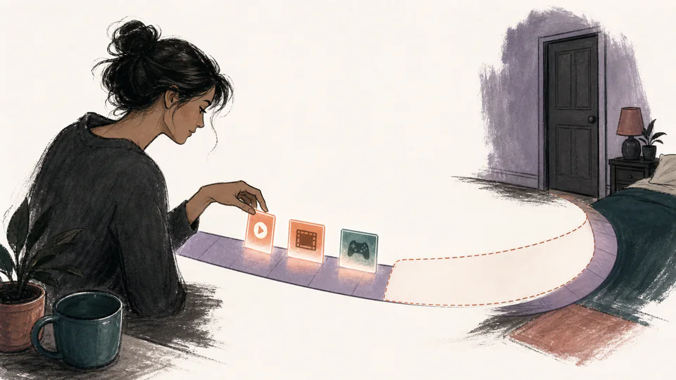 Editorial illustration of a person placing glowing media cards on a calendar ribbon separated by blank spaces and ending before a closed bedroom door
