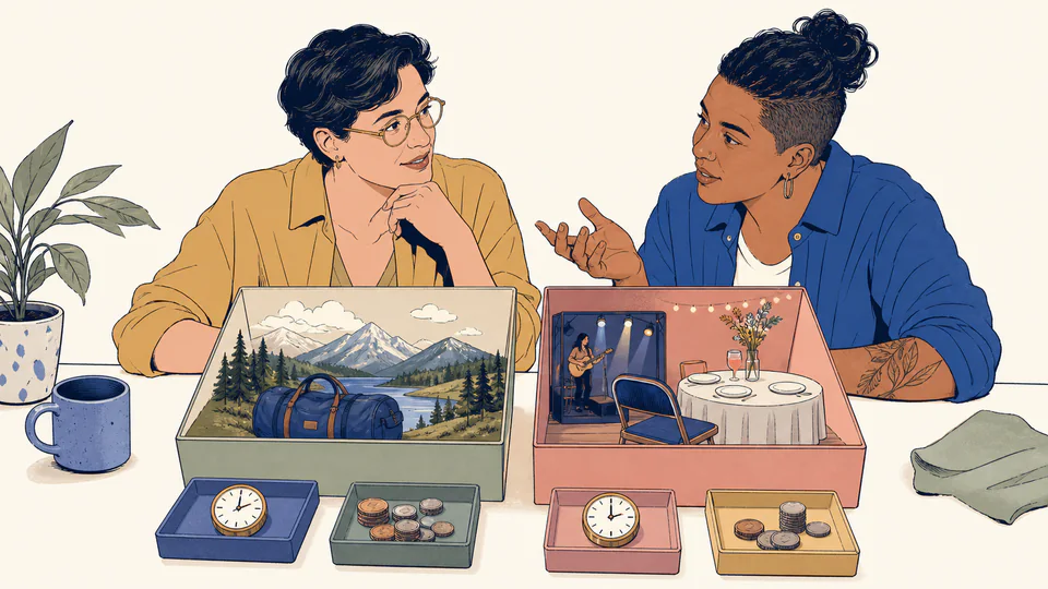 Two partners sit at a table comparing two open travel boxes, one containing a distant overnight plan and one a nearby concert, with separate clocks and coin trays