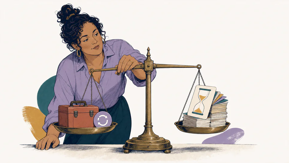 A person balances a small toolbox and subscription token against a growing stack of reclaimed hour cards on an old brass scale