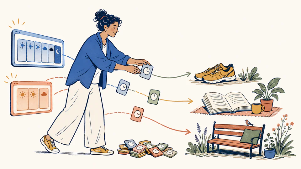 An adult moves small hour tiles from two glowing weekday and weekend screens into a garden bench, book, and walking shoes