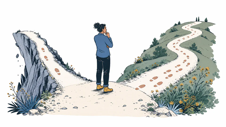 Two people test different routes down the same hillside, one route shorter but steeper and the other gentler with more completed footsteps