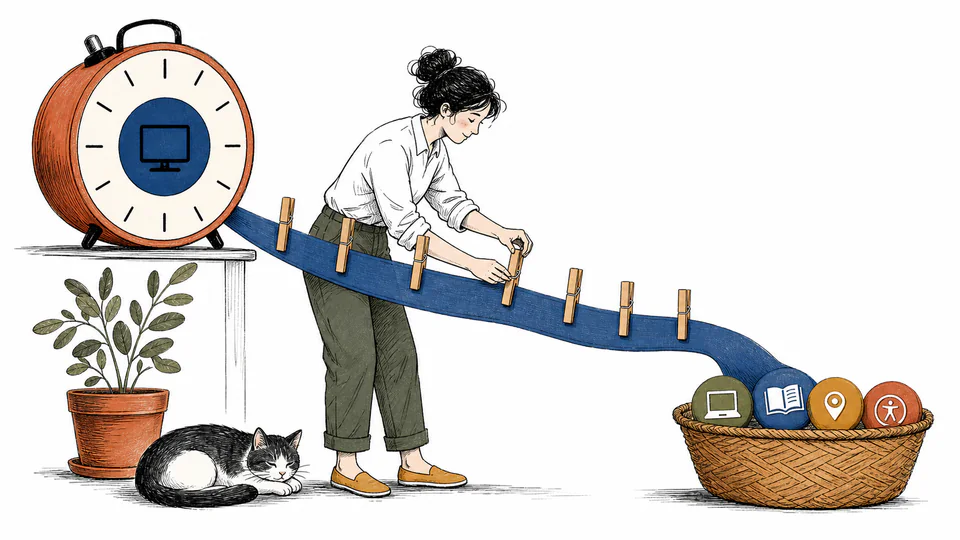 A person marks evenly spaced pegs on a long ribbon descending from a large screen clock to a smaller protected-use basket