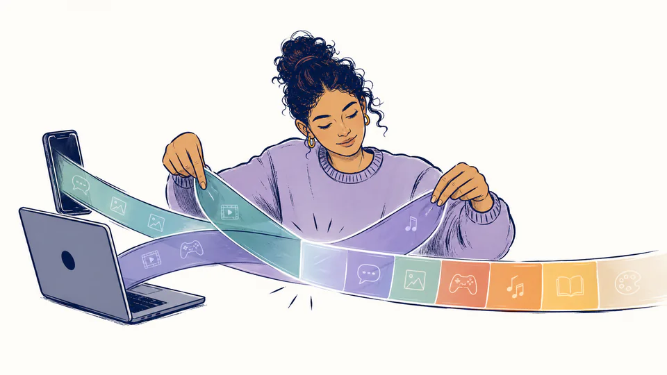 A person untangles two glowing device ribbons that overlap into one transparent weekly timeline with weekday and weekend sections