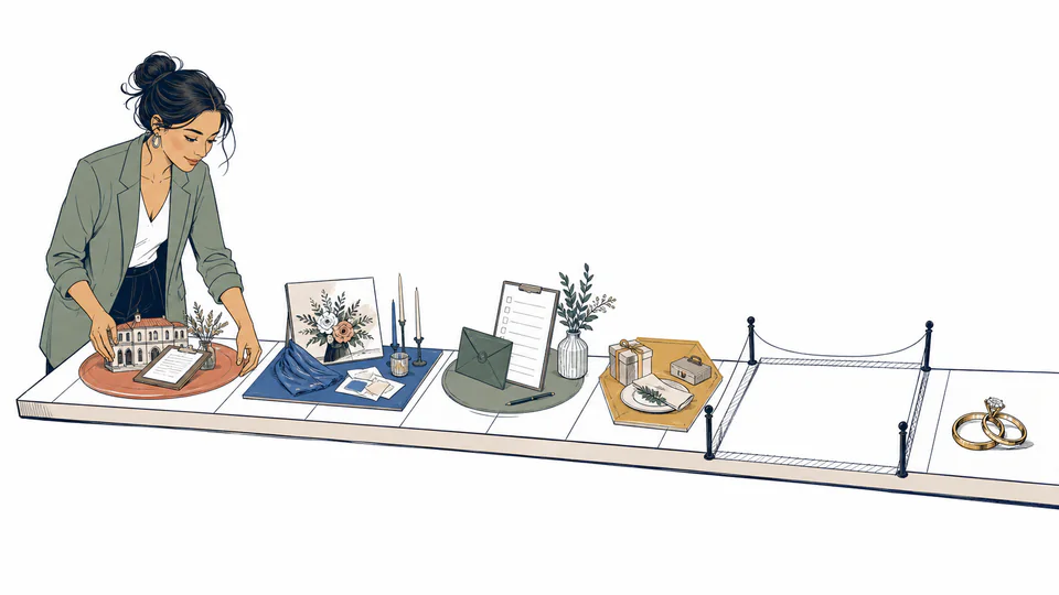 A wedding coordinator distributes four differently shaped bundles of tasks along a calendar runway that stops before a clearly fenced final buffer