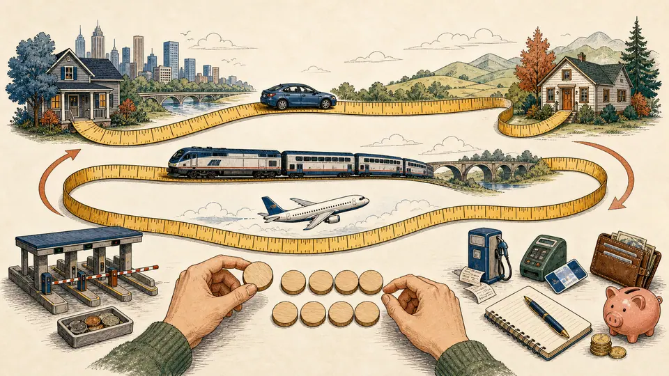 A measuring-tape route looping between two homes with car rail and air travel options