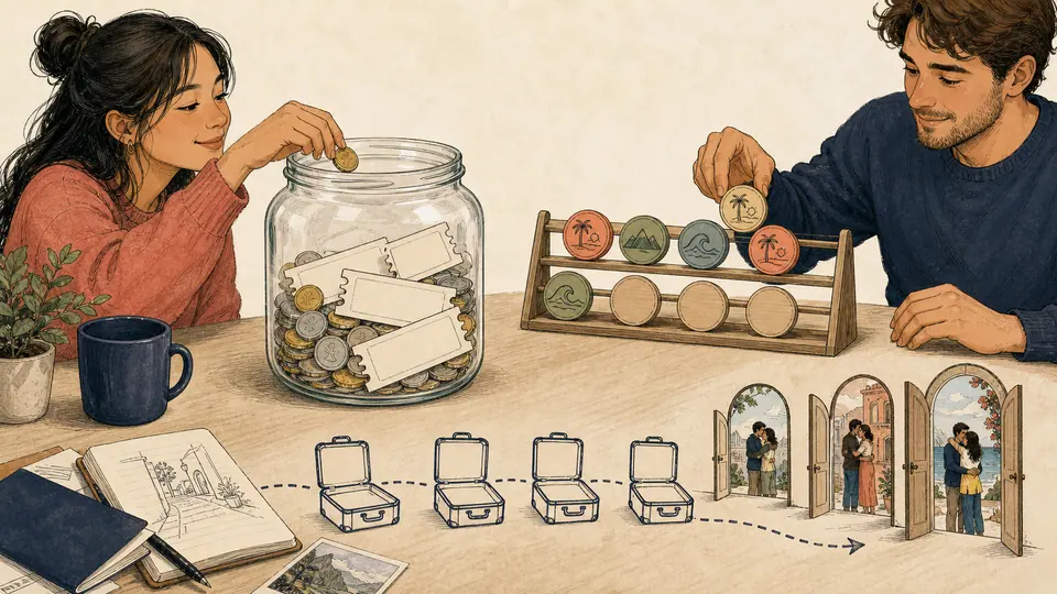 Partners funding a jar of tickets while separately filling a rack of vacation-day tokens for future reunions