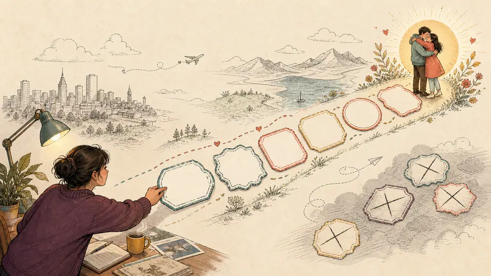 Long-distance partners connecting blank visit tokens toward a future reunion milestone while canceled tokens remain separate